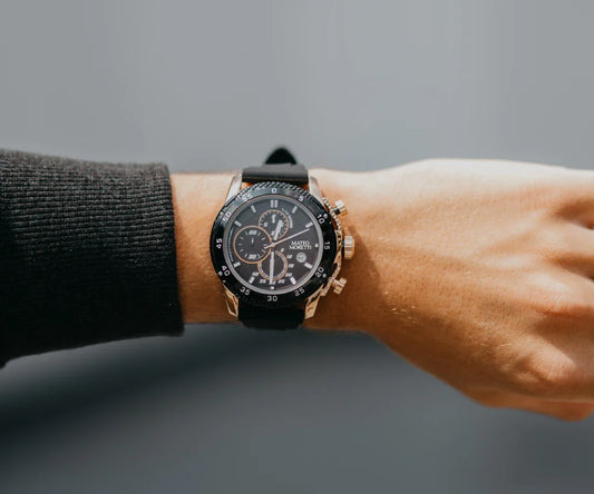 Mateo Moretti black chronograph luxury watch on wrist, stylish men's accessory
