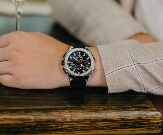Mateo Moretti black sport chronograph watch on wrist, modern men's accessory