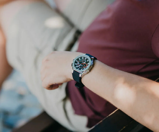 Mateo Moretti black sport luxury watch on wrist, casual men's style