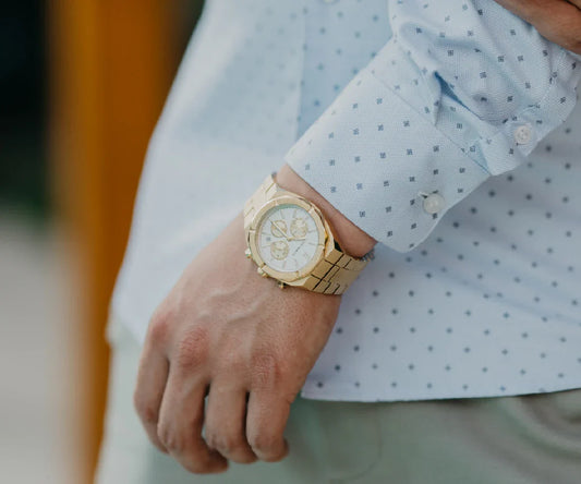 Mateo Moretti gold luxury watch on wrist, elegant men's timepiece