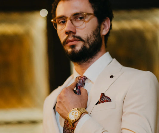 Mateo Moretti gold luxury watch with suit, sophisticated men's accessory
