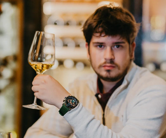 Mateo Moretti green luxury watch with wine glass, stylish men's accessory