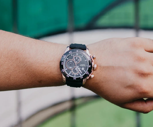 Mateo Moretti luxury chronograph wristwatch with black strap on wrist