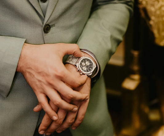 Mateo Moretti silver chronograph luxury watch with formal outfit, elegant men's accessory