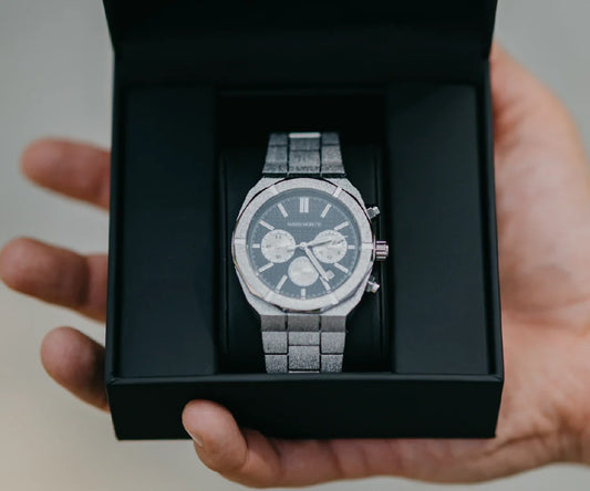 Mateo Moretti silver chronograph watch in presentation box, luxury men's gift