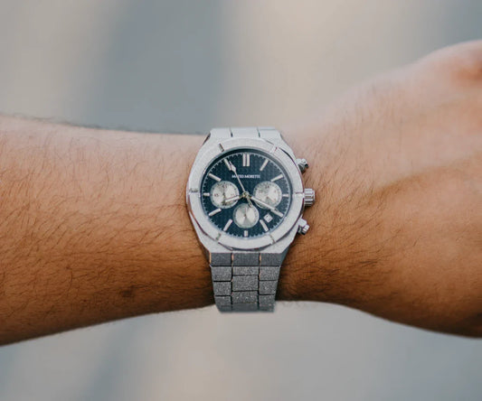 Mateo Moretti silver chronograph watch on wrist, premium men's accessory