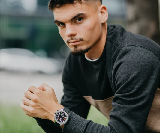 Mateo Moretti silver sport chronograph watch on wrist, modern men's accessory