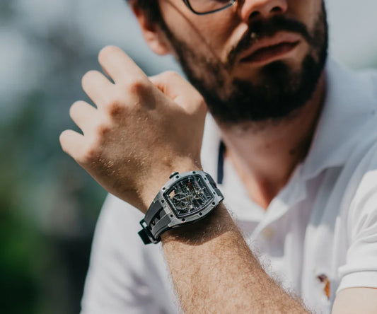 Mateo Moretti skeleton automatic luxury watch on wrist, men's style