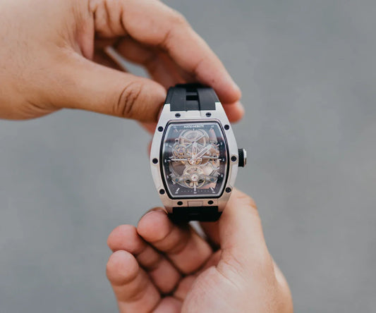 Mateo Moretti skeleton luxury watch in hands, premium men's timepiece