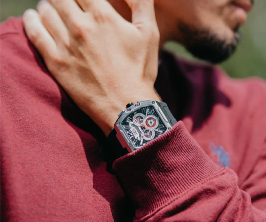 Mateo Moretti skeleton sport luxury watch on wrist, bold men's timepiece