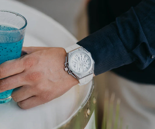 Mateo Moretti white luxury watch on wrist, elegant men's accessory