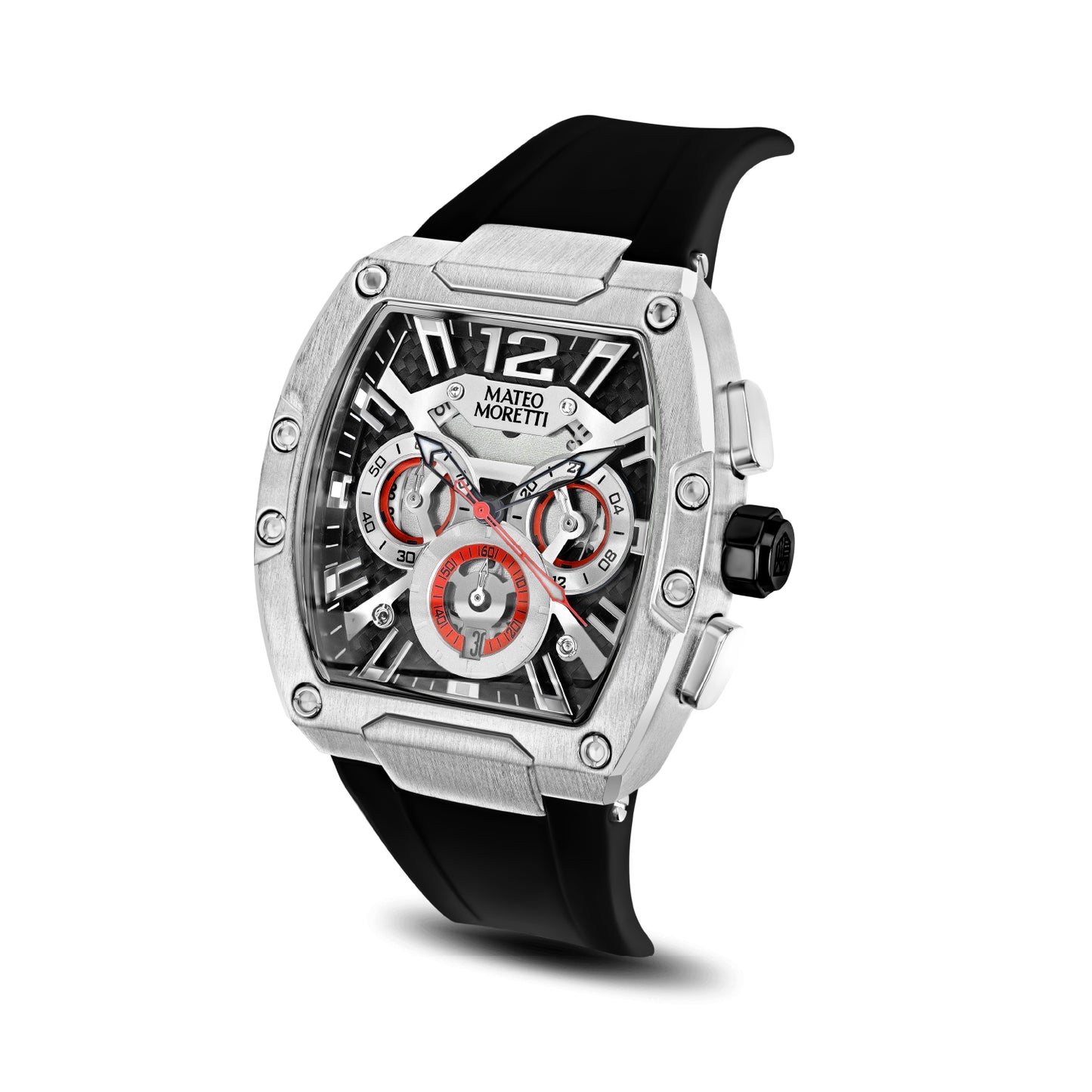 Front view of Mateo Moretti Anapo Argento luxury menβs watch with silver case, black strap, and skeleton dial
