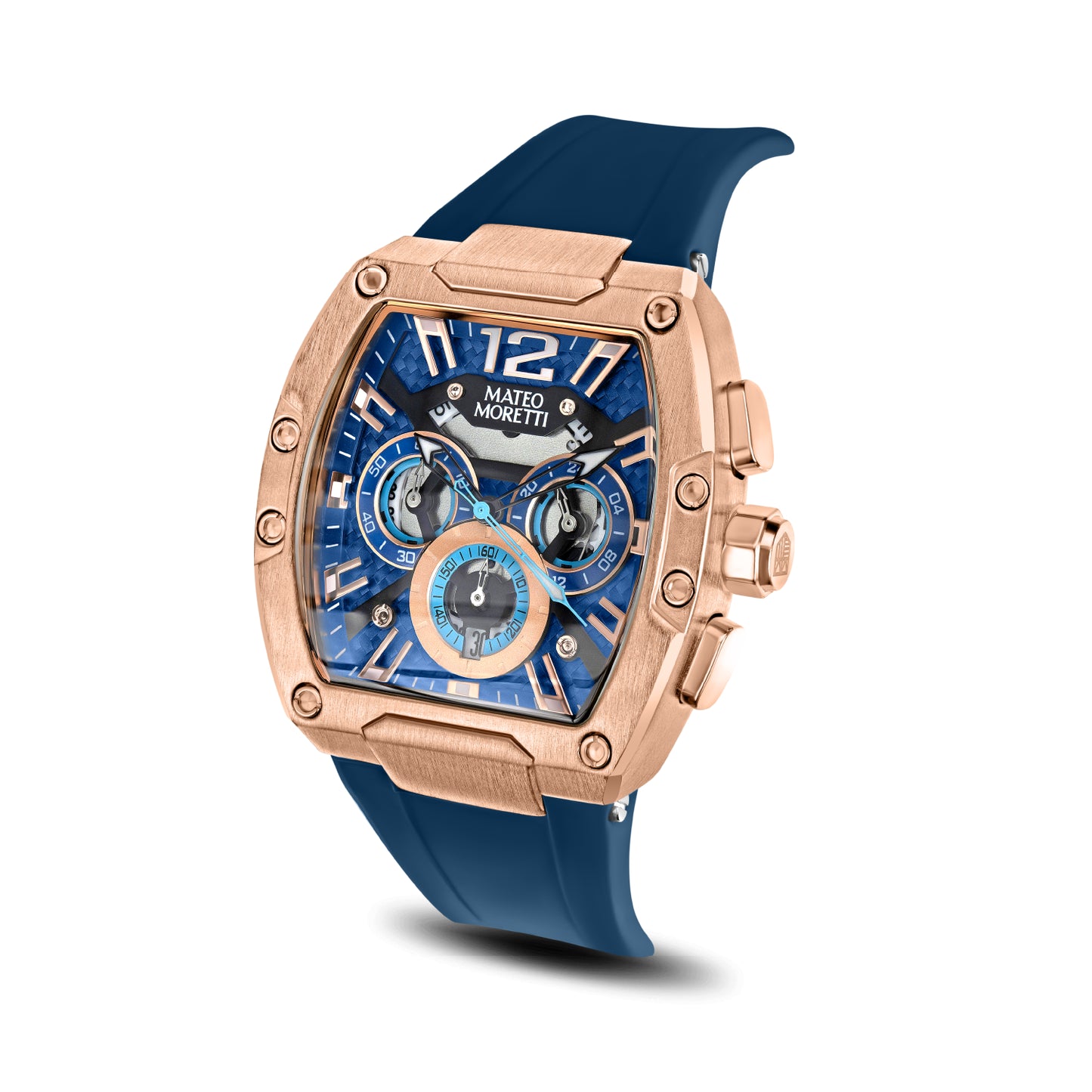 Mateo Moretti Anapo Oro Rosa luxury men’s watch with rose gold case and blue strap – angled product photo