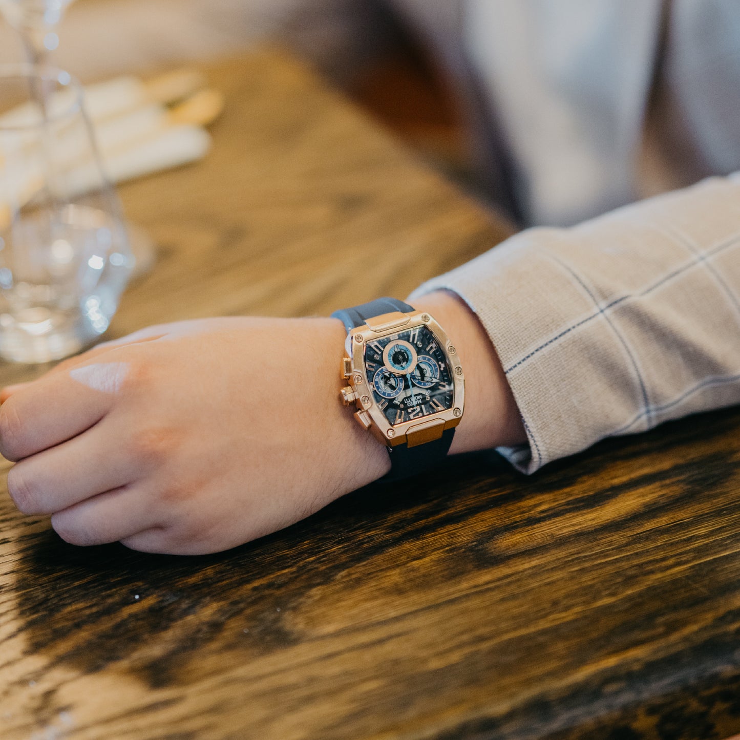 Mateo Moretti Anapo Oro Rosa luxury men’s watch with rose gold case, blue strap, and skeleton dial – elegant lifestyle wrist shot