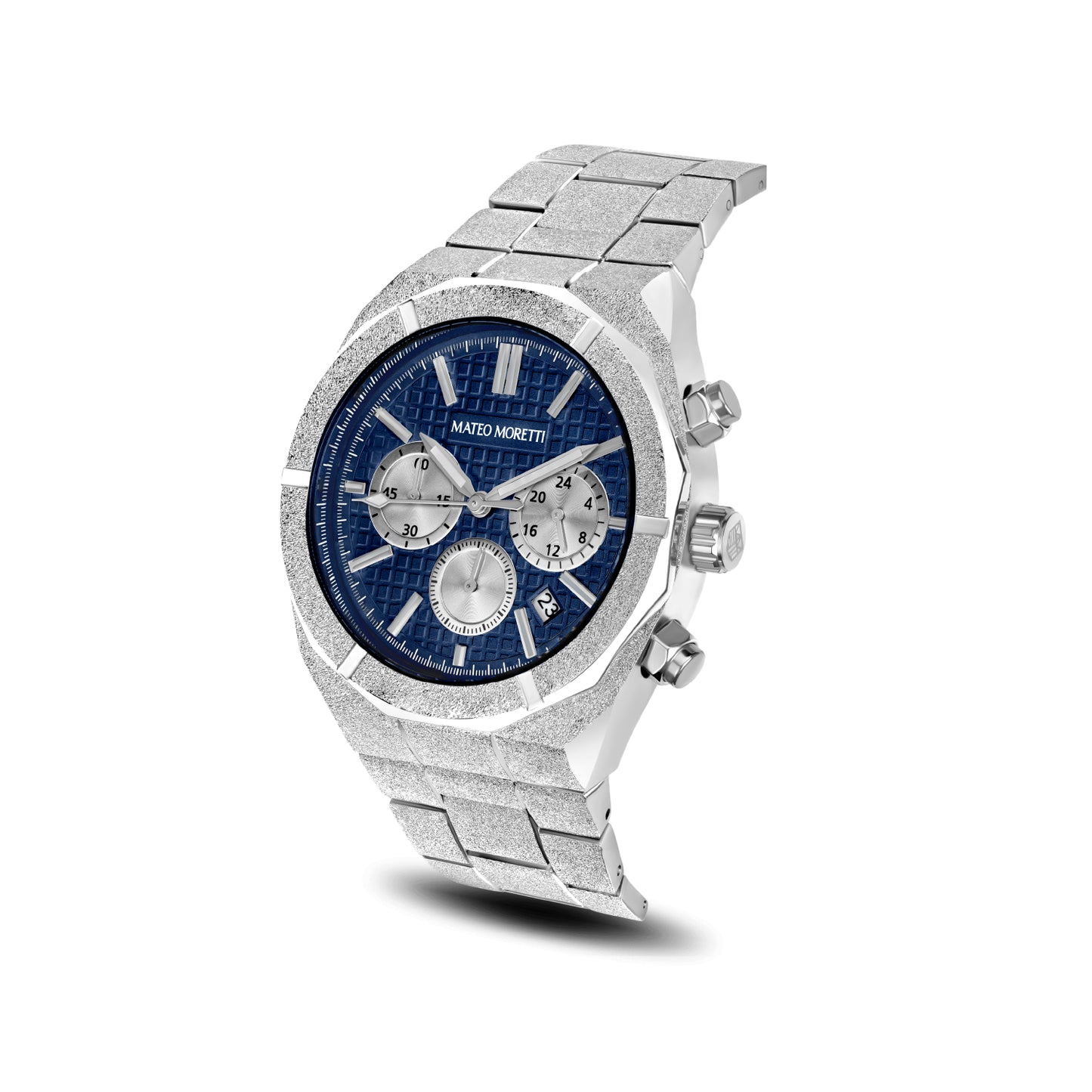 Mateo Moretti Basento Argento men’s watch with silver bracelet and blue chronograph dial – angled product photo