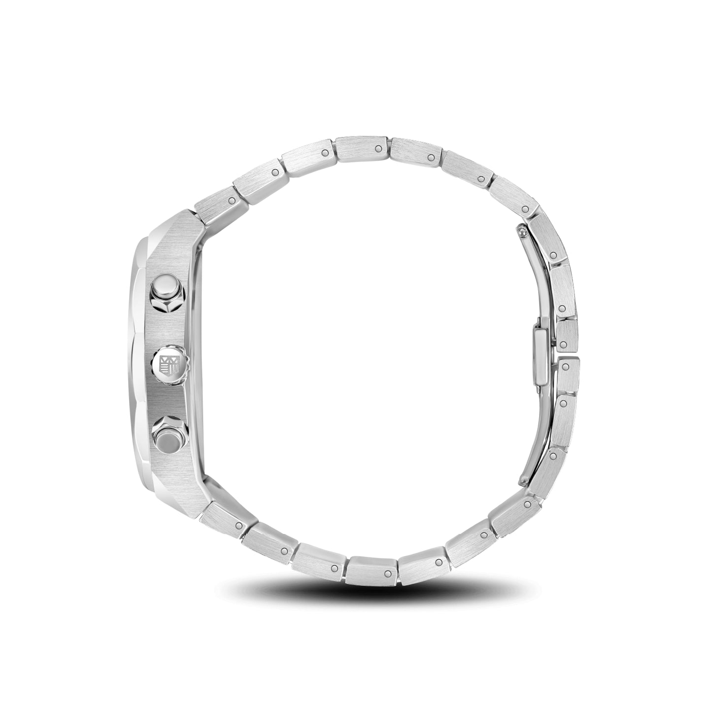 Side view of Mateo Moretti Basento Argento luxury chronograph men’s watch with silver bracelet and blue dial