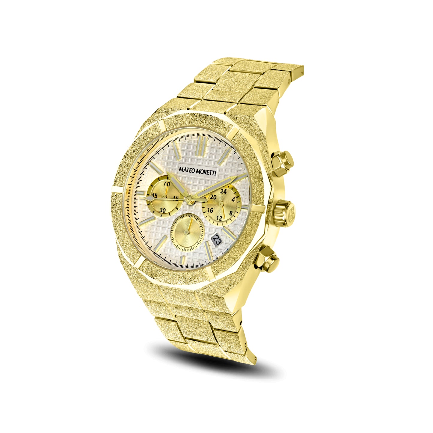 Mateo Moretti Basento Oro men’s watch with gold bracelet and white chronograph dial – angled product photo