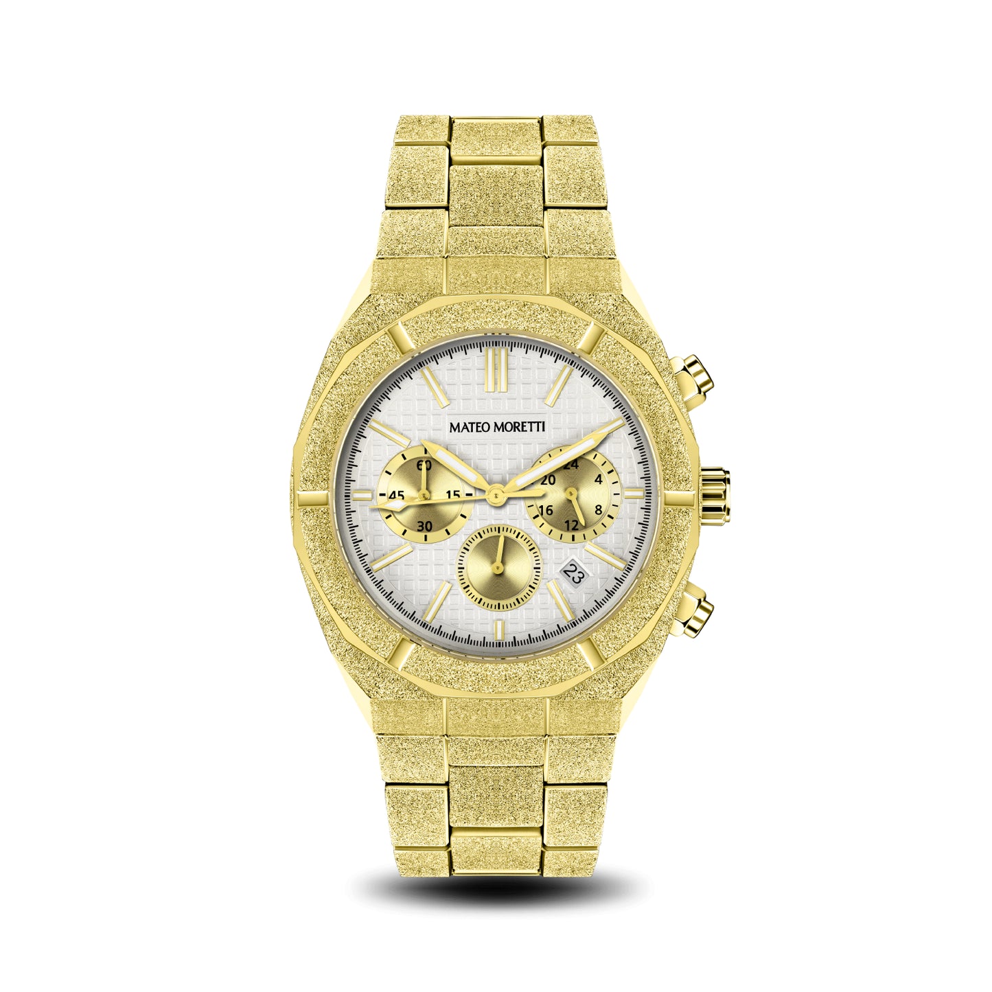 Front view of Mateo Moretti Basento Oro luxury men’s watch with gold bracelet and white chronograph dia