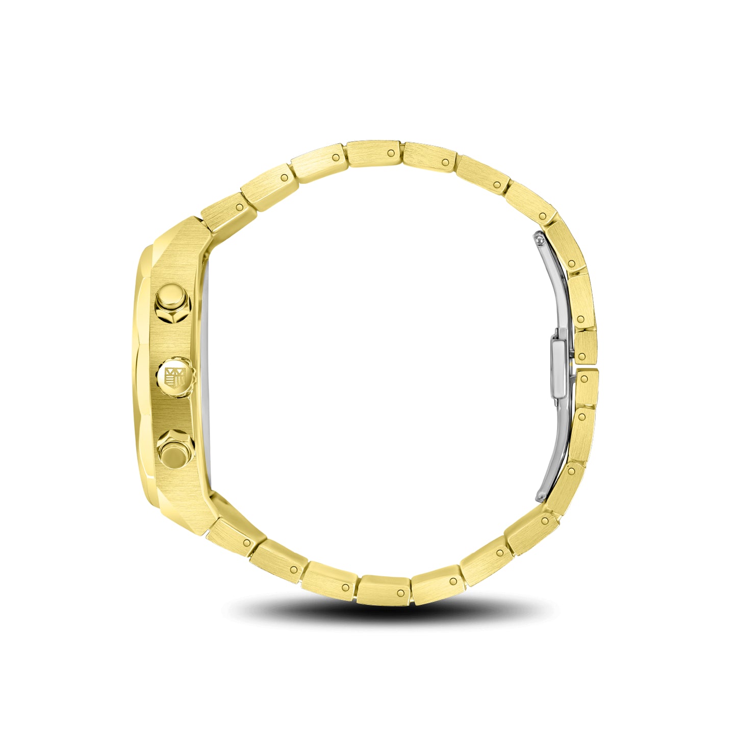 Side view of Mateo Moretti Basento Oro luxury chronograph men’s watch with gold bracelet and white dial