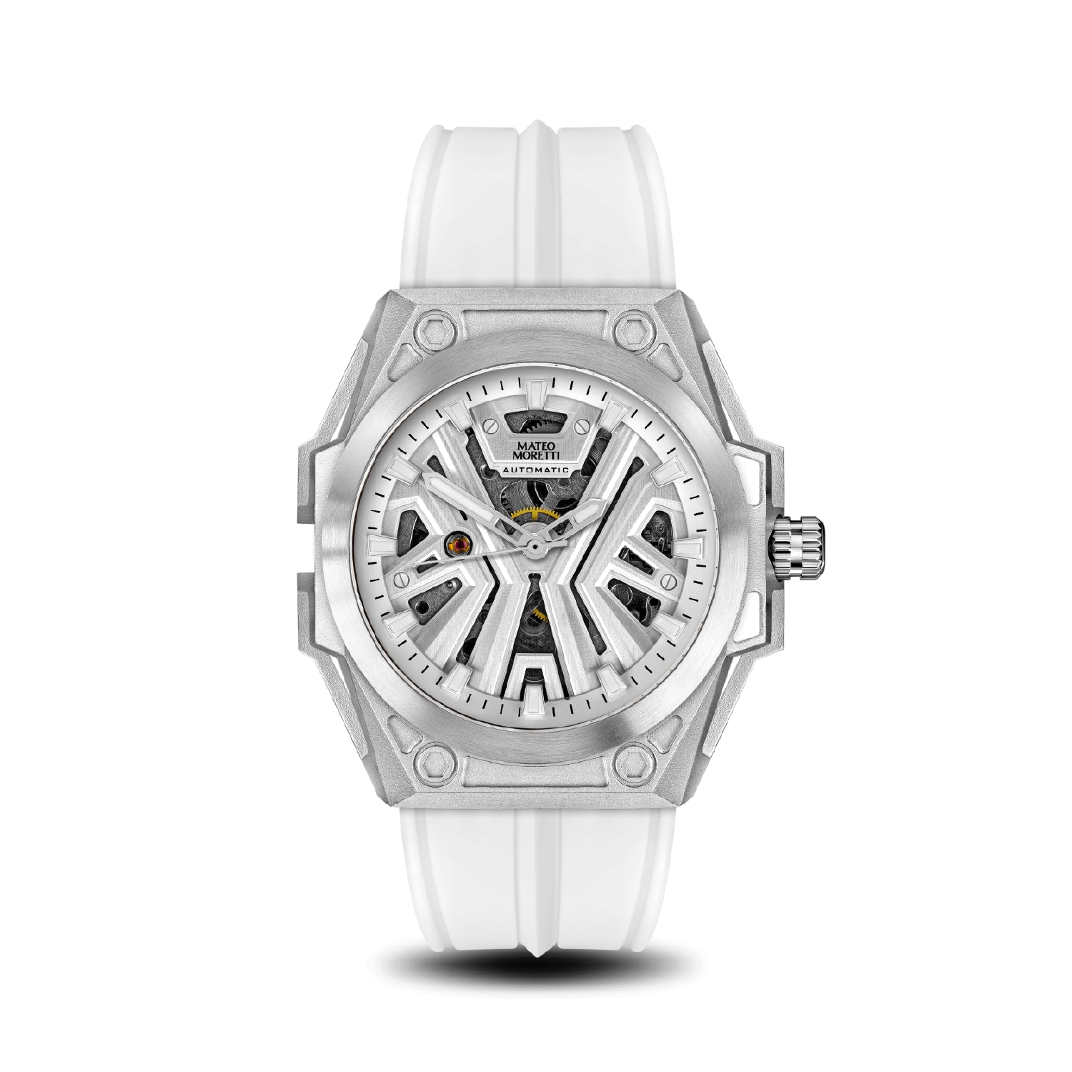 Mateo Moretti Chienti Bianca luxury men’s watch with white strap, silver case, and skeleton dial – front view