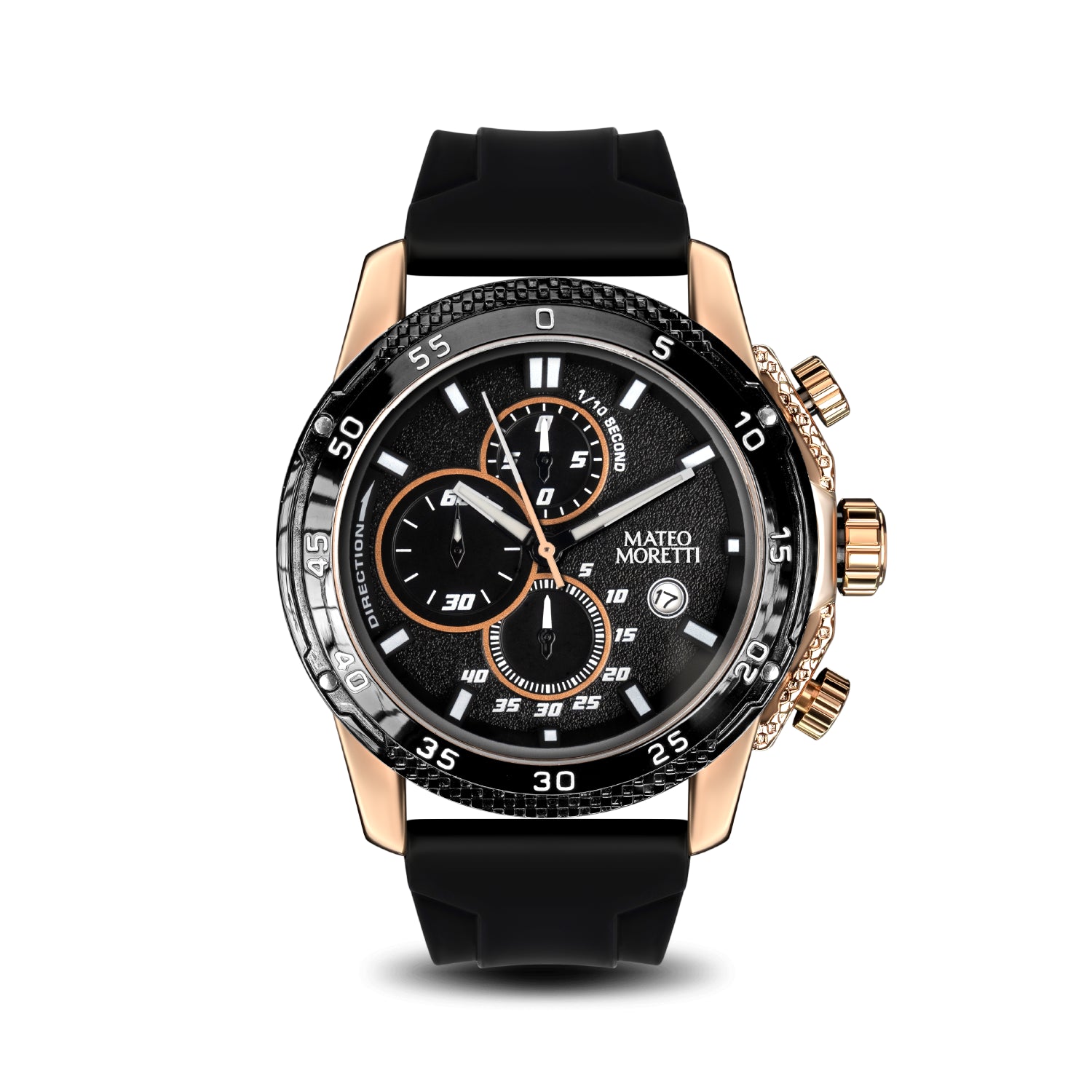 Front view of Mateo Moretti Livenza Oro Rosa luxury chronograph men’s watch with rose gold case, black strap, and black dial