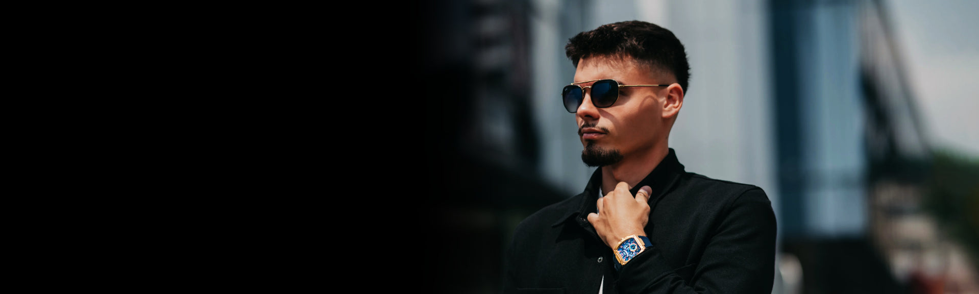Man wearing Mateo Moretti Anapo Gold luxury watch with blue dial – lifestyle cover photo