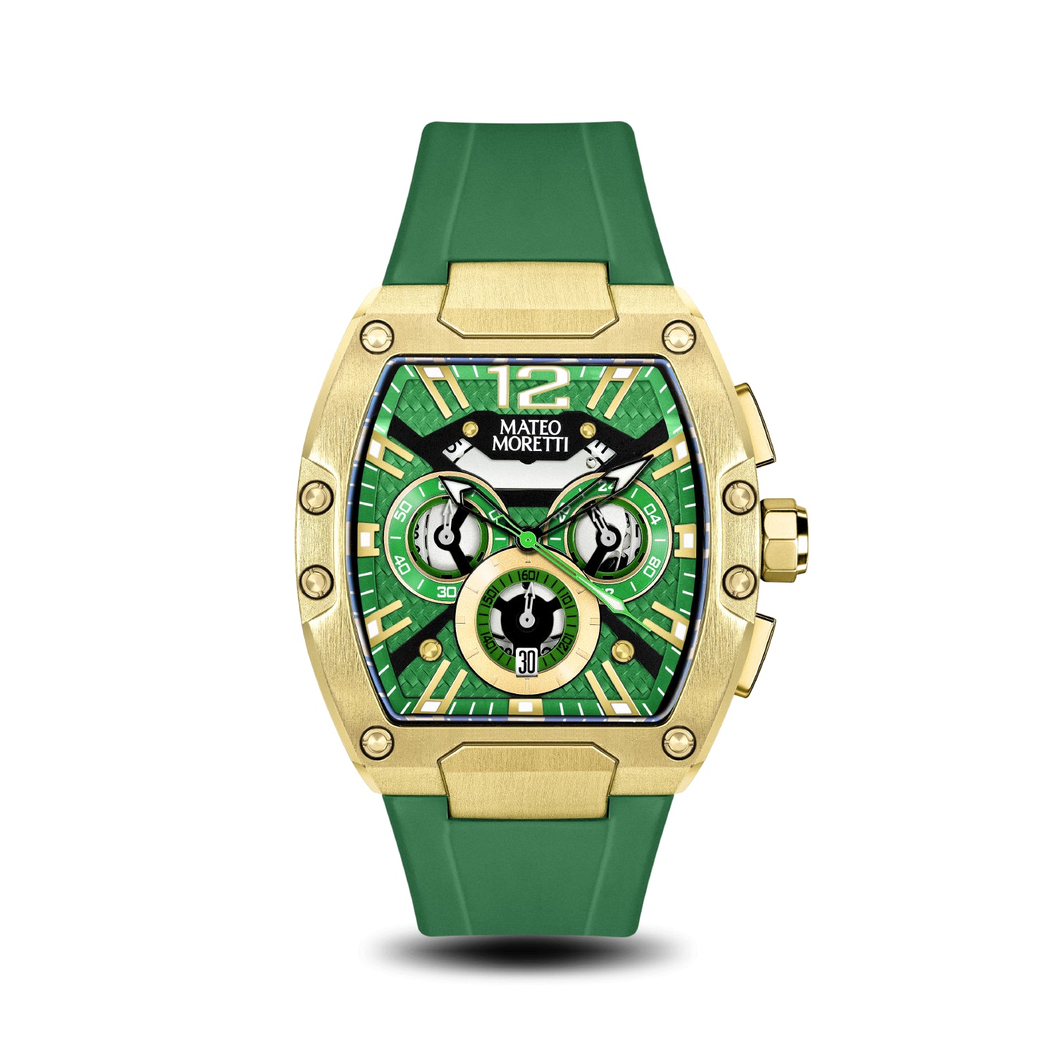 Anapo Oro Gold Watch Front View with Green Strap – Mateo Moretti