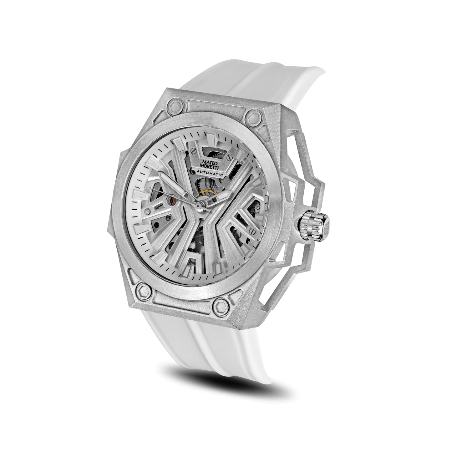 Mateo Moretti Chienti Bianca – men’s automatic skeleton watch with white silicone strap, angled view
