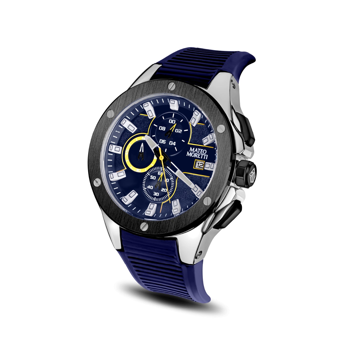 Sillaro Giallo men’s chronograph watch angled view stainless steel case blue dial yellow details Mateo Moretti