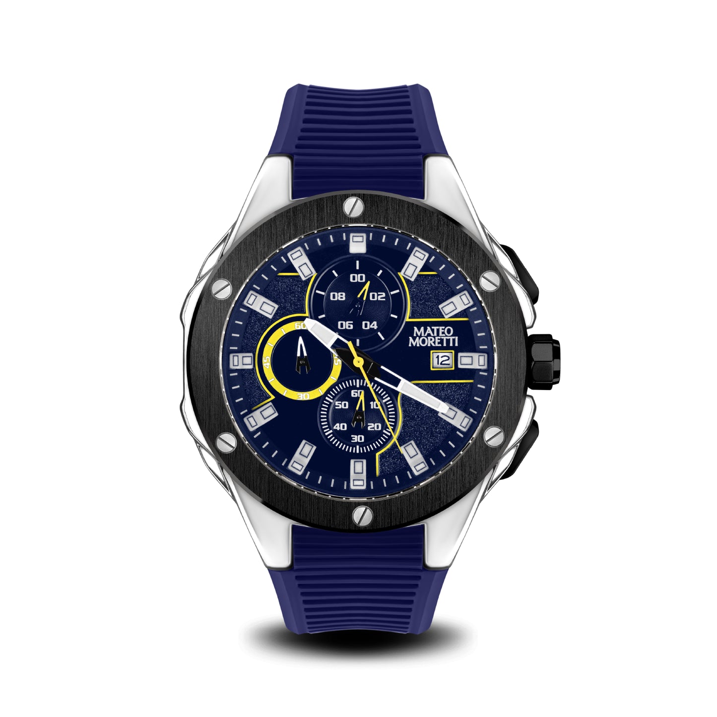Sillaro Giallo luxury chronograph watch front view with yellow accents blue strap by Mateo Moretti
