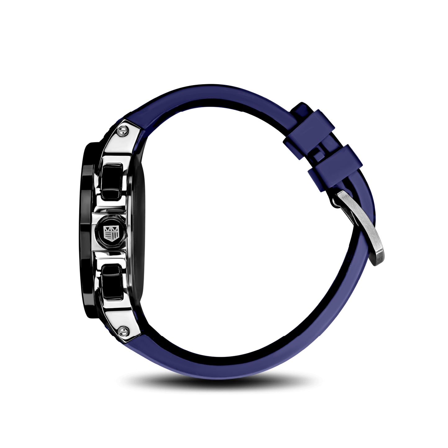 Side profile of Sillaro Giallo chronograph watch with stainless steel case and blue rubber strap Mateo Moretti