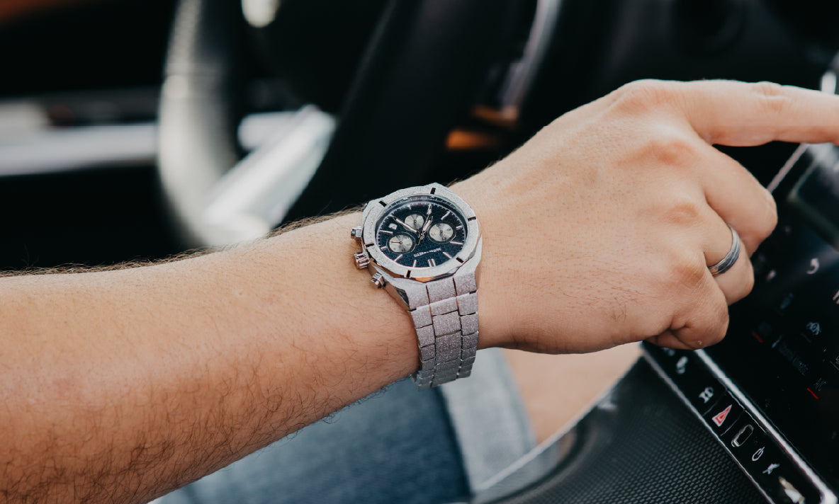 Mateo Moretti stainless-steel chronograph on bracelet while driving