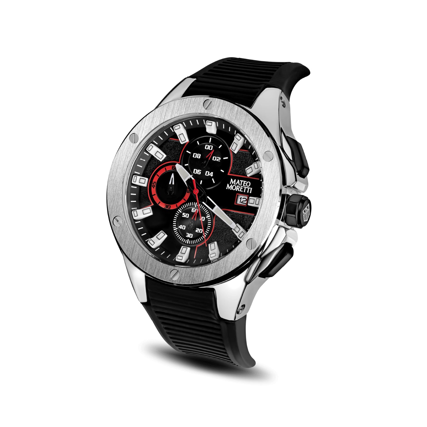 Mateo Moretti Sillaro Argento men’s chronograph watch with silver case, black strap, and red-accented dial – angled product photo