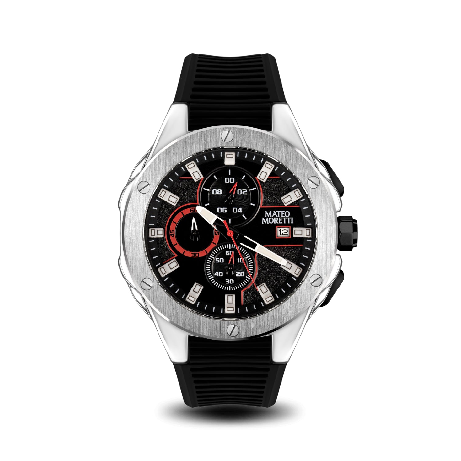 Front view of Mateo Moretti Sillaro Argento luxury chronograph men’s watch with silver case, black strap, and black dial with red accents