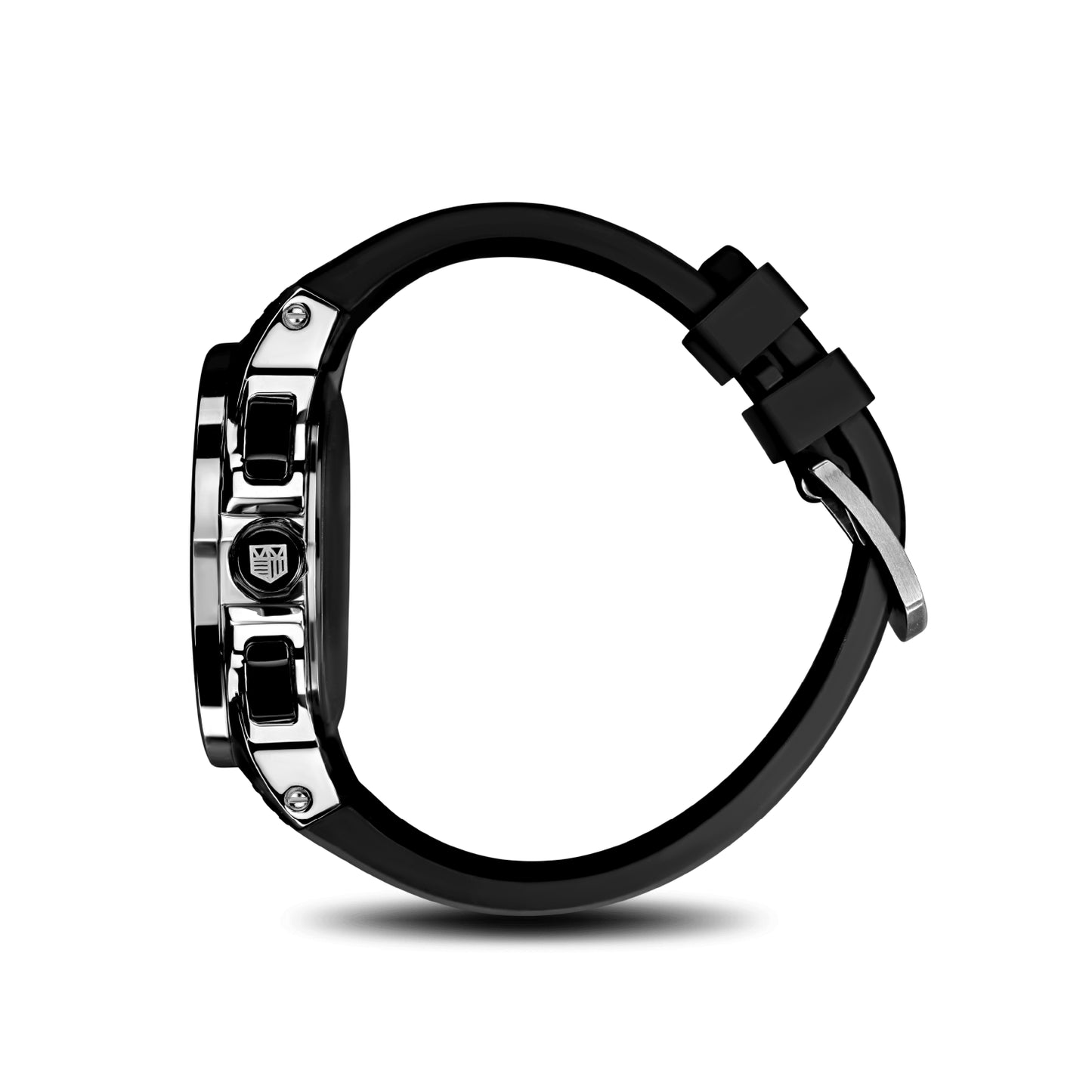 Side view of Mateo Moretti Sillaro Argento luxury men’s chronograph watch with silver case and black strap