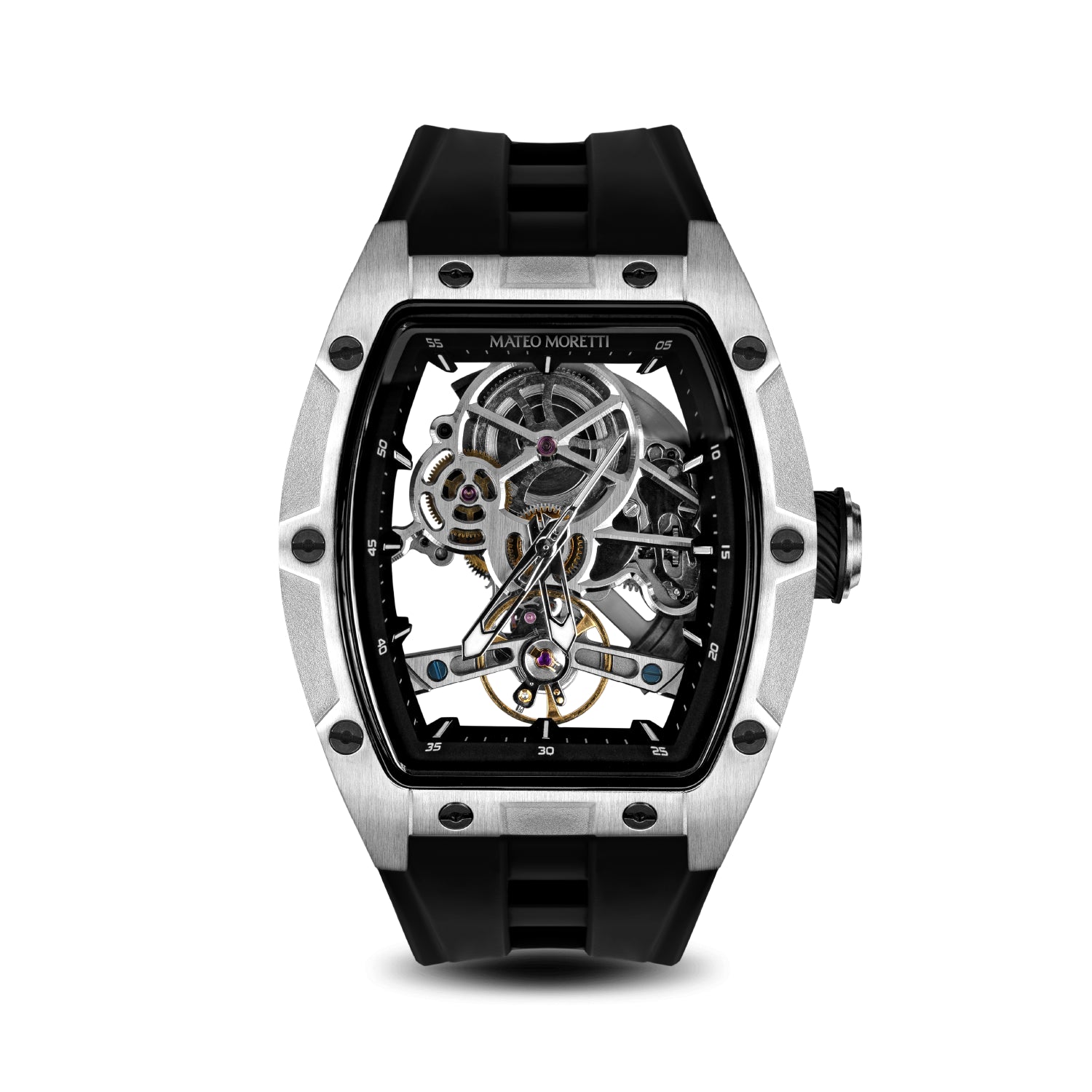 Front view of Mateo Moretti Simeto Argento luxury men’s watch with silver case, black strap, and skeleton tourbillon dial