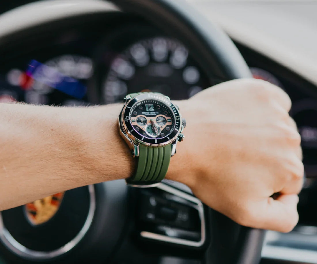 Mateo Moretti green sport chronograph watch while driving, bold men's style