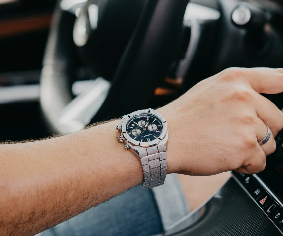 Mateo Moretti silver chronograph luxury watch while driving, premium men's style