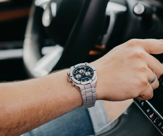 Mateo Moretti silver chronograph luxury watch while driving, premium men's style