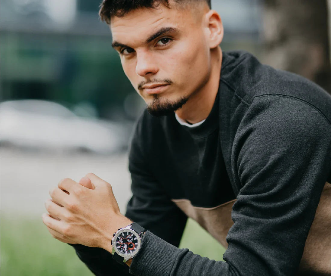 Mateo Moretti silver sport chronograph watch on wrist, modern men's accessory