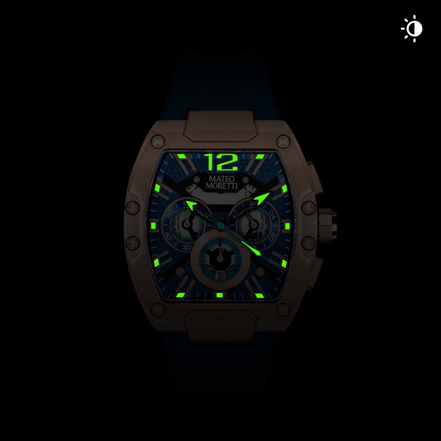 Mateo Moretti watch with glowing lume hands in low light