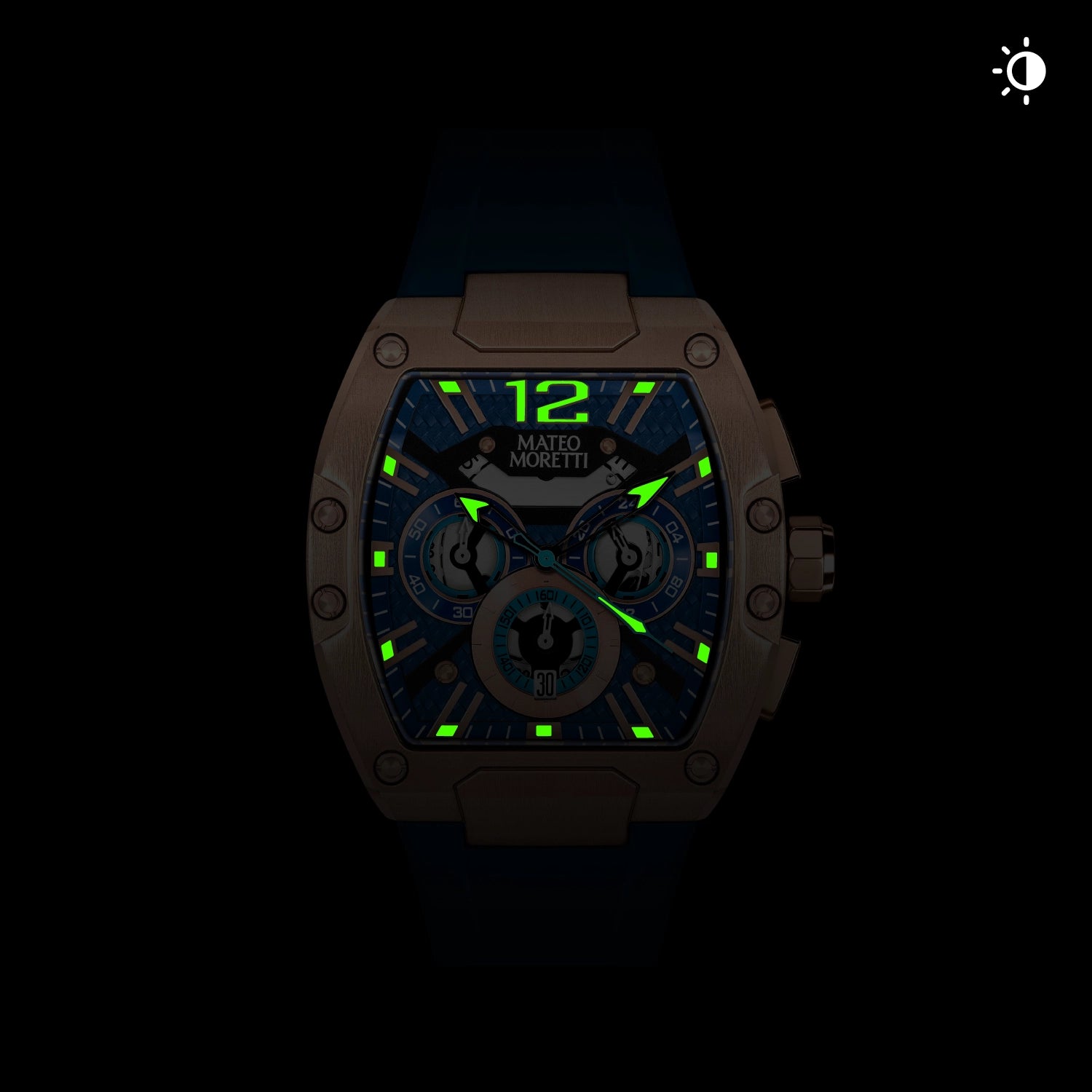 Mateo Moretti watch with glowing lume hands in low light