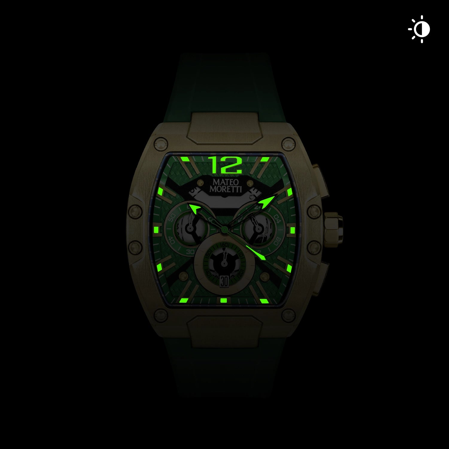 Mateo Moretti watch with glowing lume hands in low light