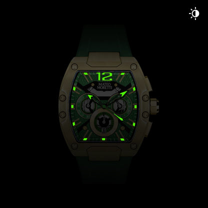 Mateo Moretti watch with glowing lume hands in low light