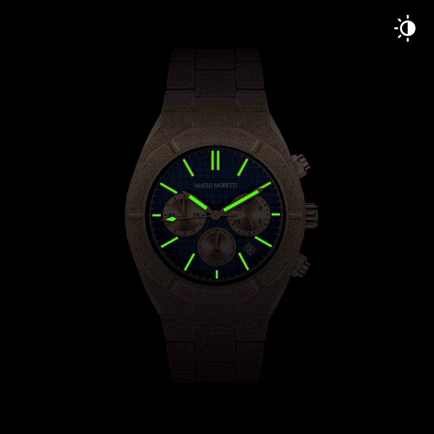 Mateo Moretti watch with glowing lume hands in low light