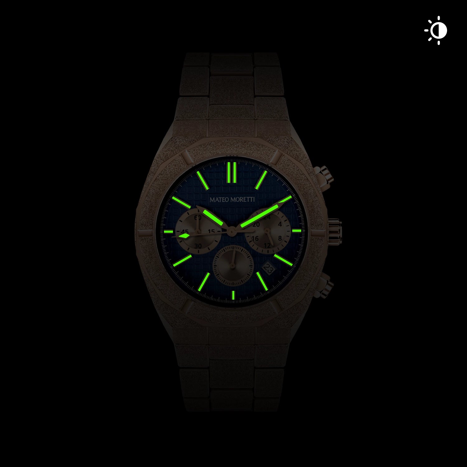 Mateo Moretti watch with glowing lume hands in low light