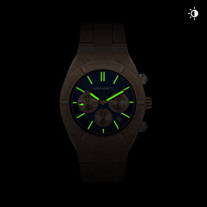 Mateo Moretti watch with glowing lume hands in low light