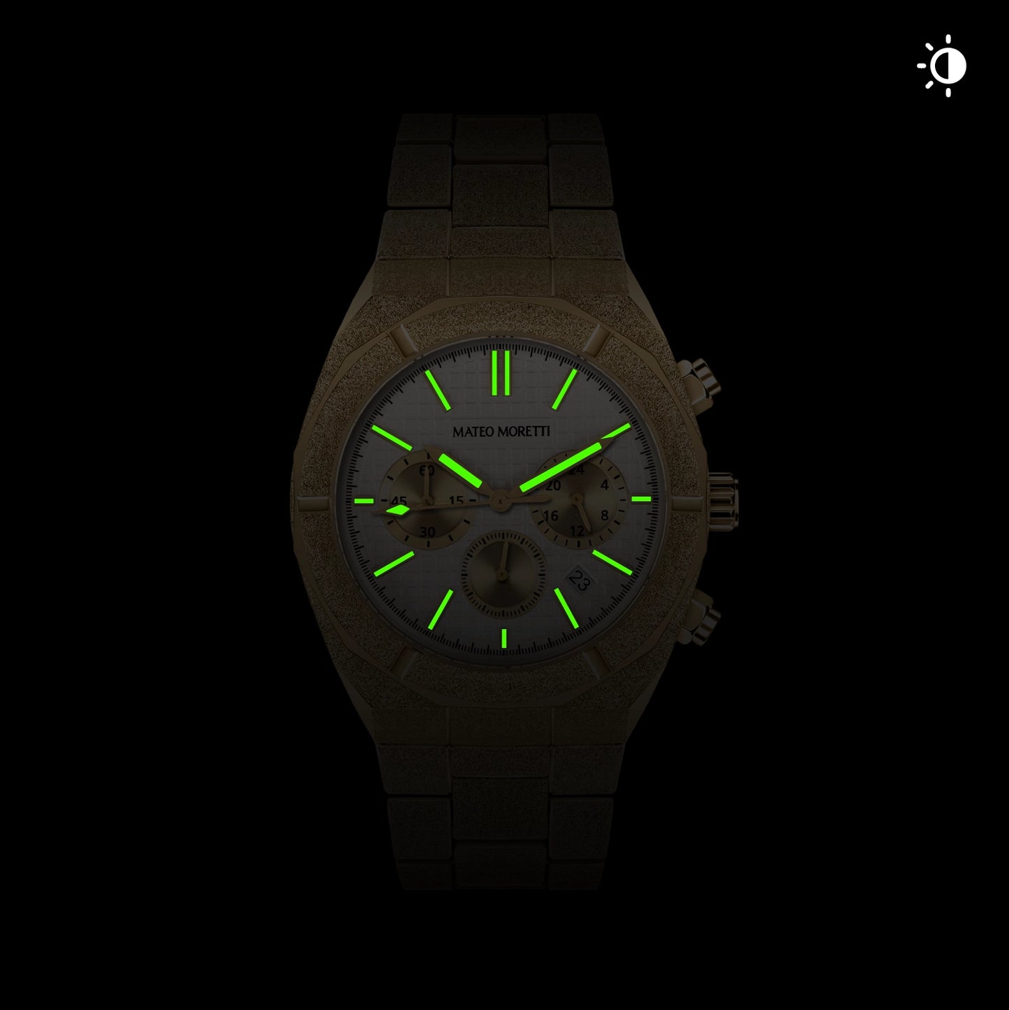 Mateo Moretti watch with glowing lume hands in low light