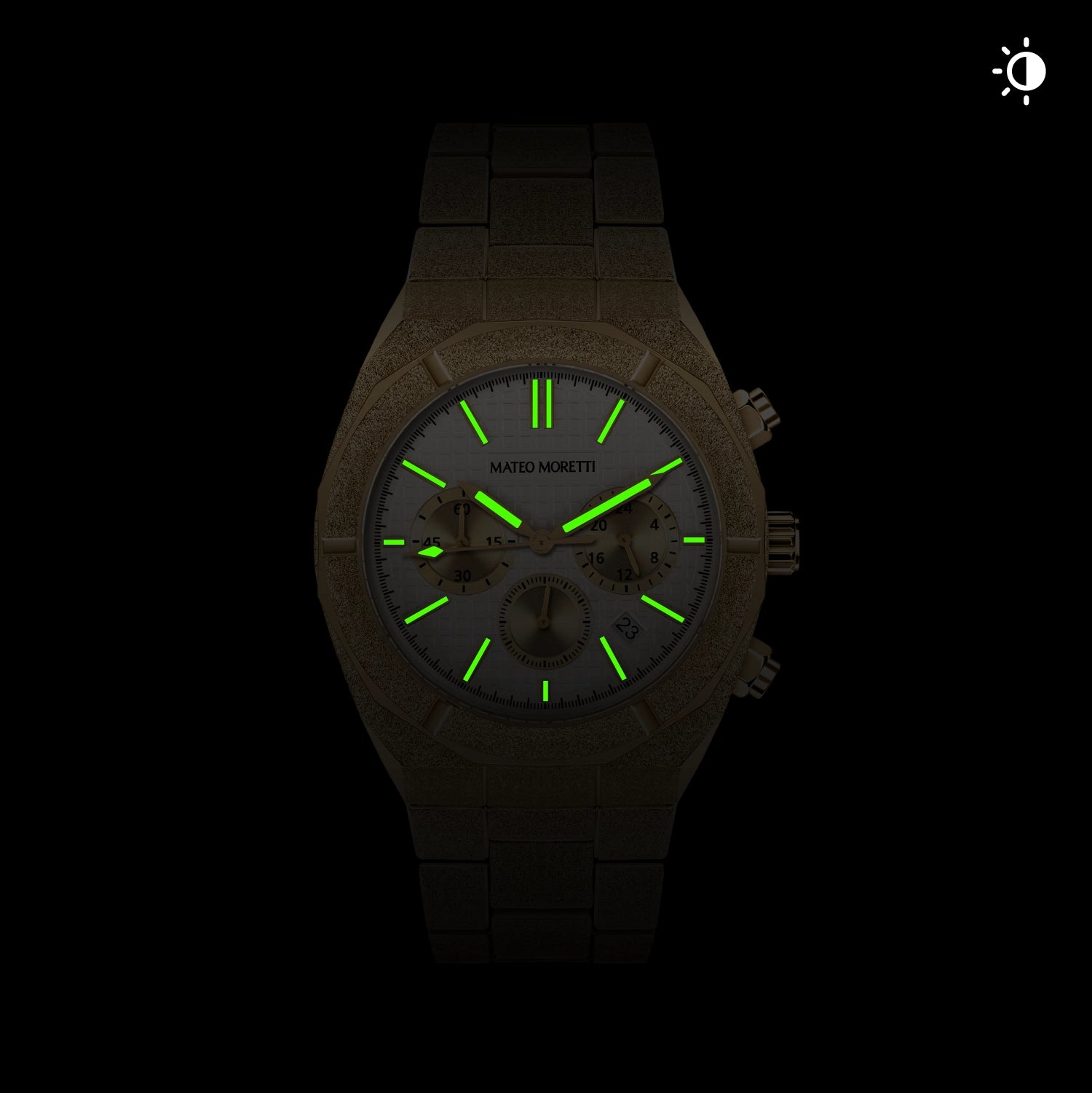 Mateo Moretti watch with glowing lume hands in low light