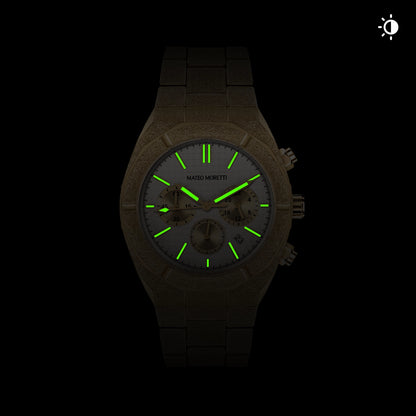 Mateo Moretti watch with glowing lume hands in low light